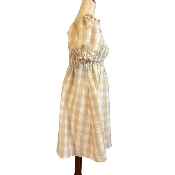House of Harlow 1960 Beige White Gingham Check Linen Smocked Mini Dress Medium - Picture 4 of 7